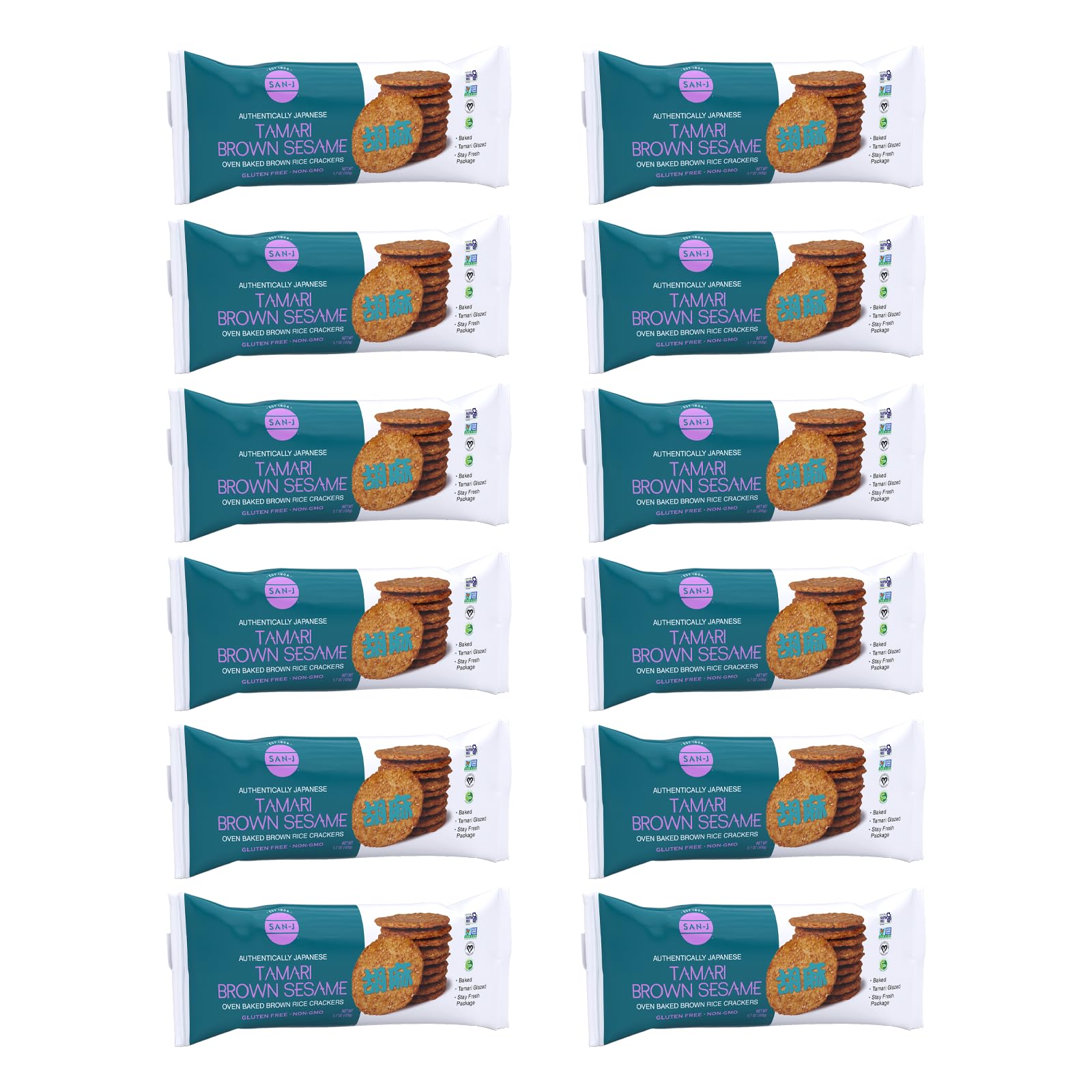 San-J - Tamari Brown Sesame Crackers - Specially Baked - 3.7 Oz. Boxes - 12 Pack