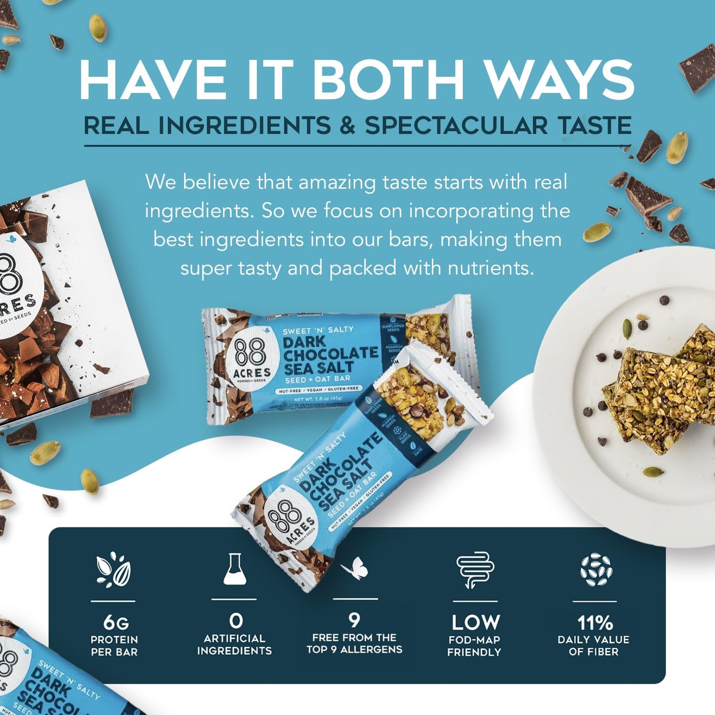 88 Acres Granola Bars | Gluten Free, Nut-Free Oat And Seed Snack Bar | Vegan & Non Gmo | 6 Pack (Dark Chocolate Sea Salt))