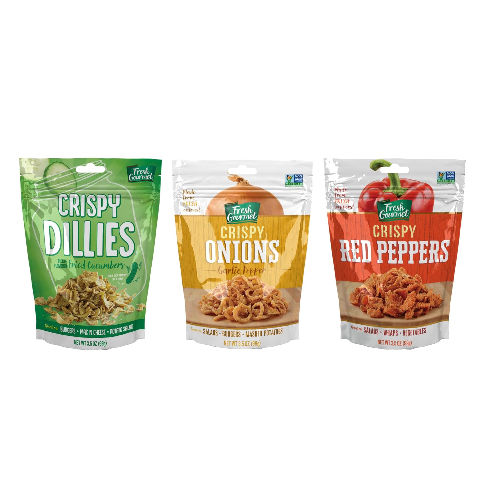 Fresh Gourmet Variety Pack - Includes Pickle-Flavored Crispy Dillies, Garlic Pepper Crispy Onions, And Crispy Red Peppers, 3.5 Oz Each - Perfect For Salads, Burgers, And Toppings (3-Pack) Variety Pack