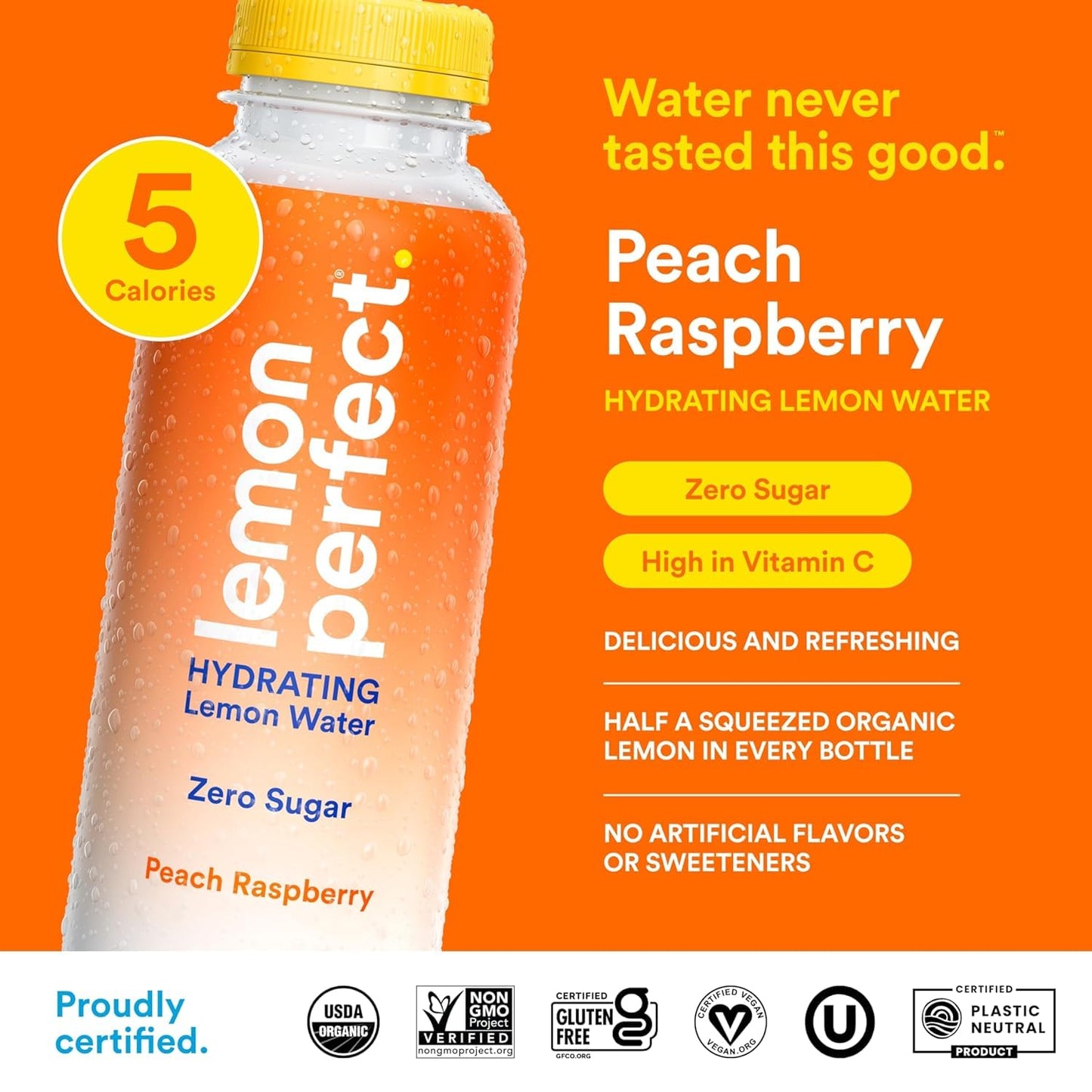 Lemon Perfect Peach Raspberry, Hydrating Flavored Lemon Water, Zero Sugar, Delicious and Refreshing, Organic, 15.2 fl oz Bottles