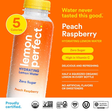 Lemon Perfect Peach Raspberry, Hydrating Flavored Lemon Water, Zero Sugar, Delicious and Refreshing, Organic, 15.2 fl oz Bottles