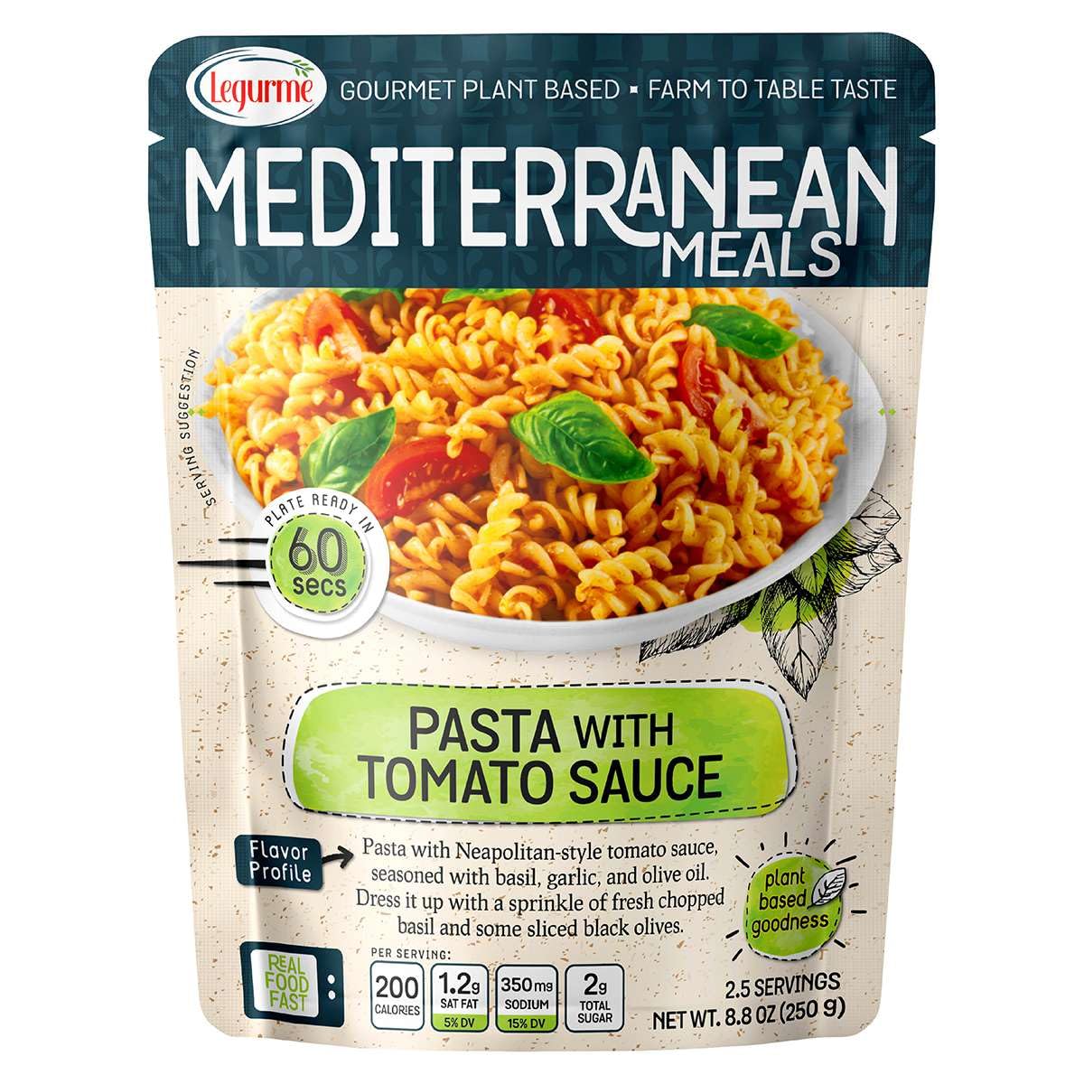 Mediterranean, Ready to Eat Pasta with Tomato Sauce, Plant Based, Vegan, No Preservatives, No Colorants, No Artificial Flavors, 