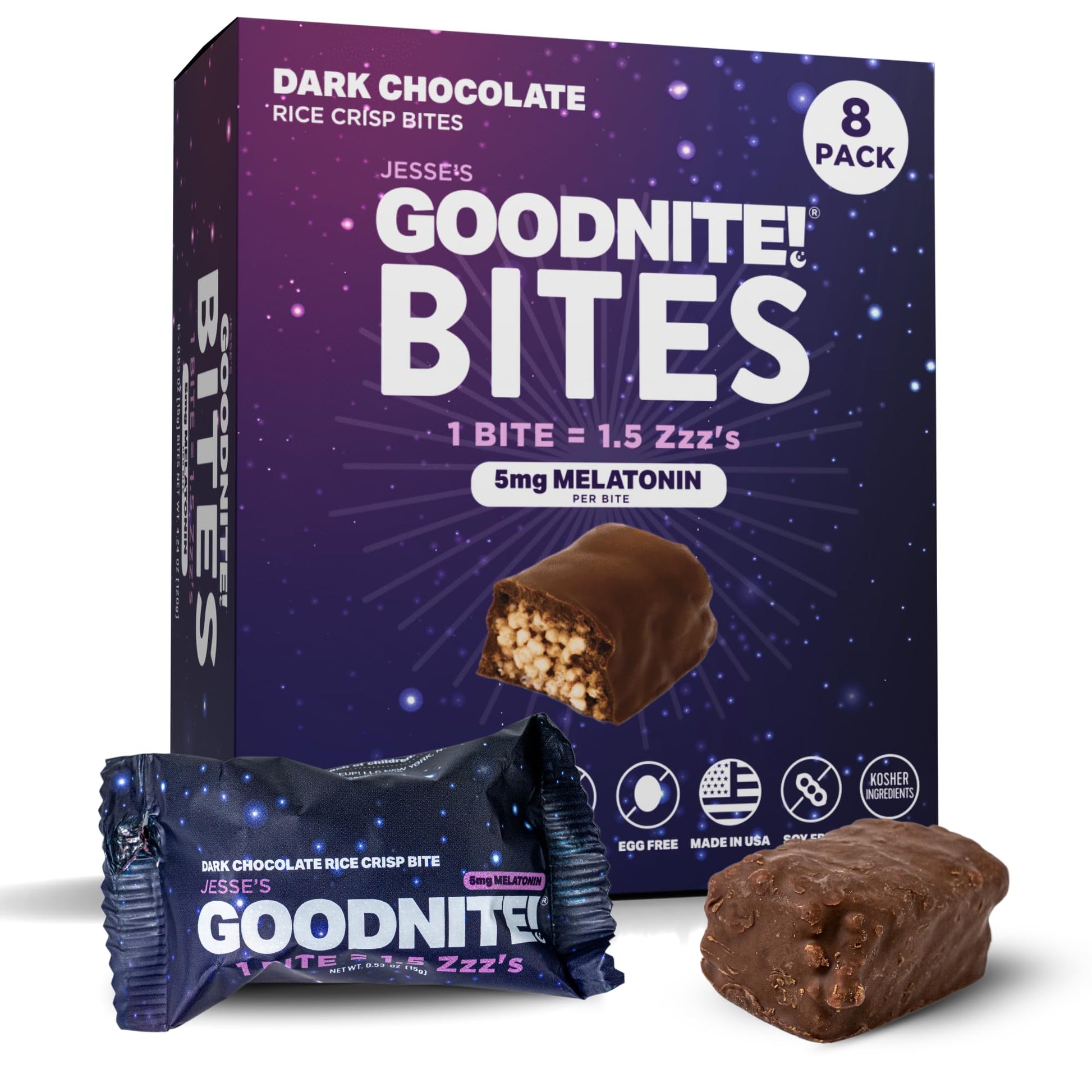 Jesses WakeUP! GOODNITE! Sleep Bites – Vegan Dark Chocolate Protein Snack with 5mg Melatonin – 8 Pack