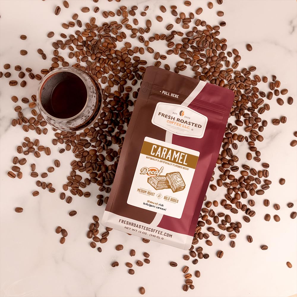 Fresh Roasted Coffee Decaf Caramel Flavored Whole Bean, Medium Roast, 12 oz, Kosher