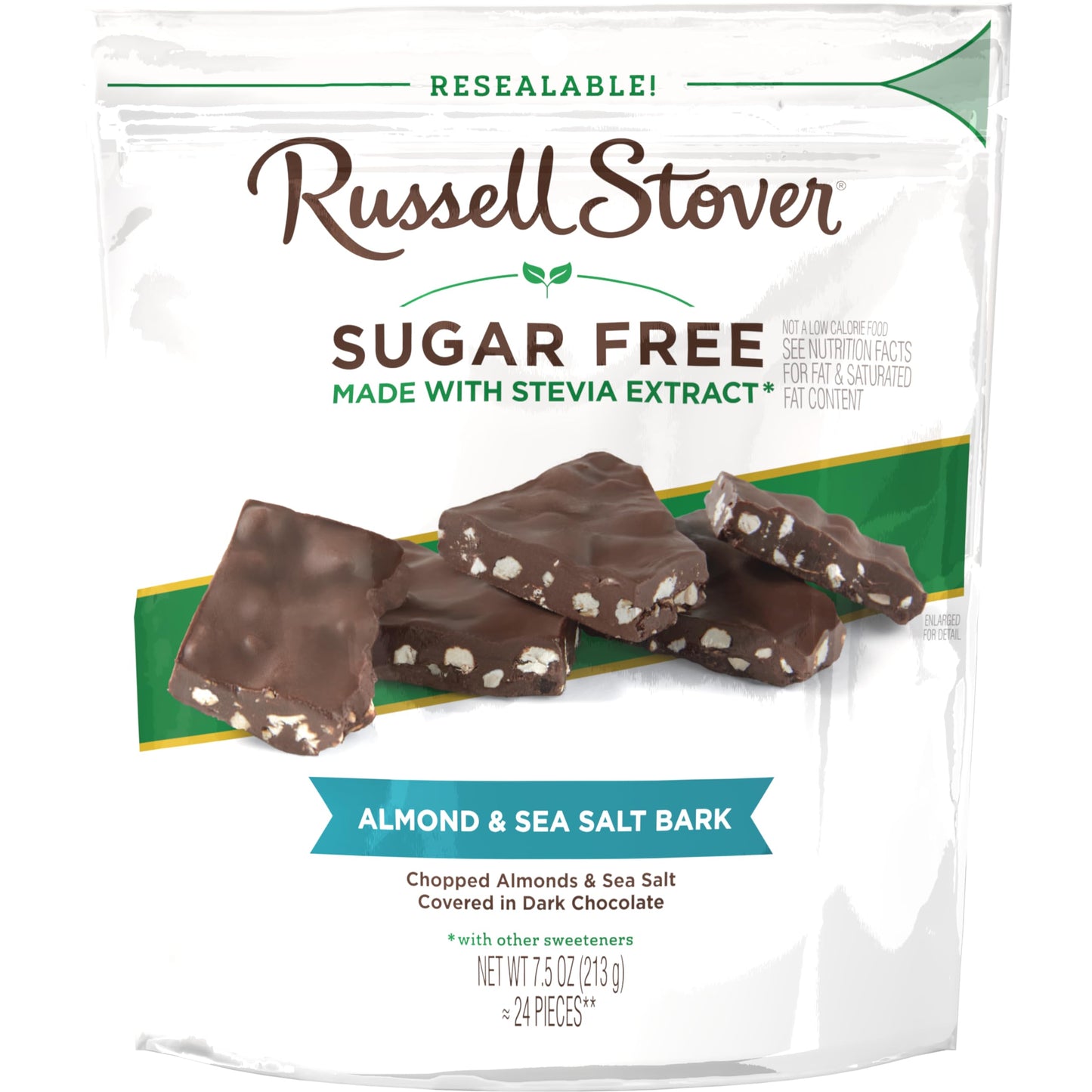 Russell Stover Sugar Free Dark Chocolate Almond & Sea Salt Bark, 7.5 Oz Bag (≈ 24 Pieces)