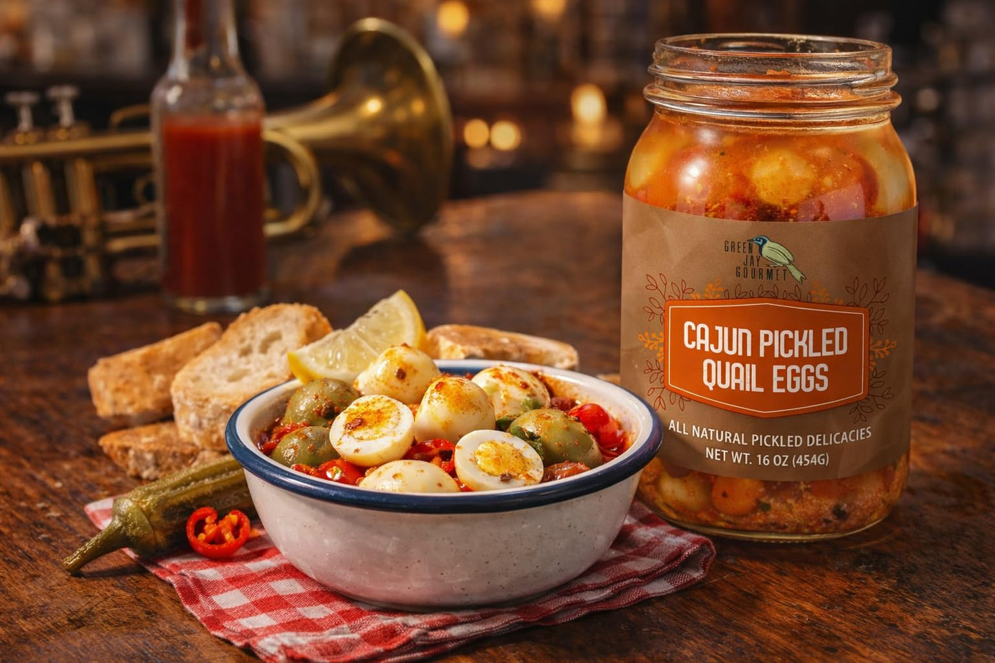 Green Jay Gourmet Cajun Pickled Quail Eggs in a Jar - Fresh Hand Jarred for Cooking & Pantry - Cajun Flavor - Simple Natural Ing