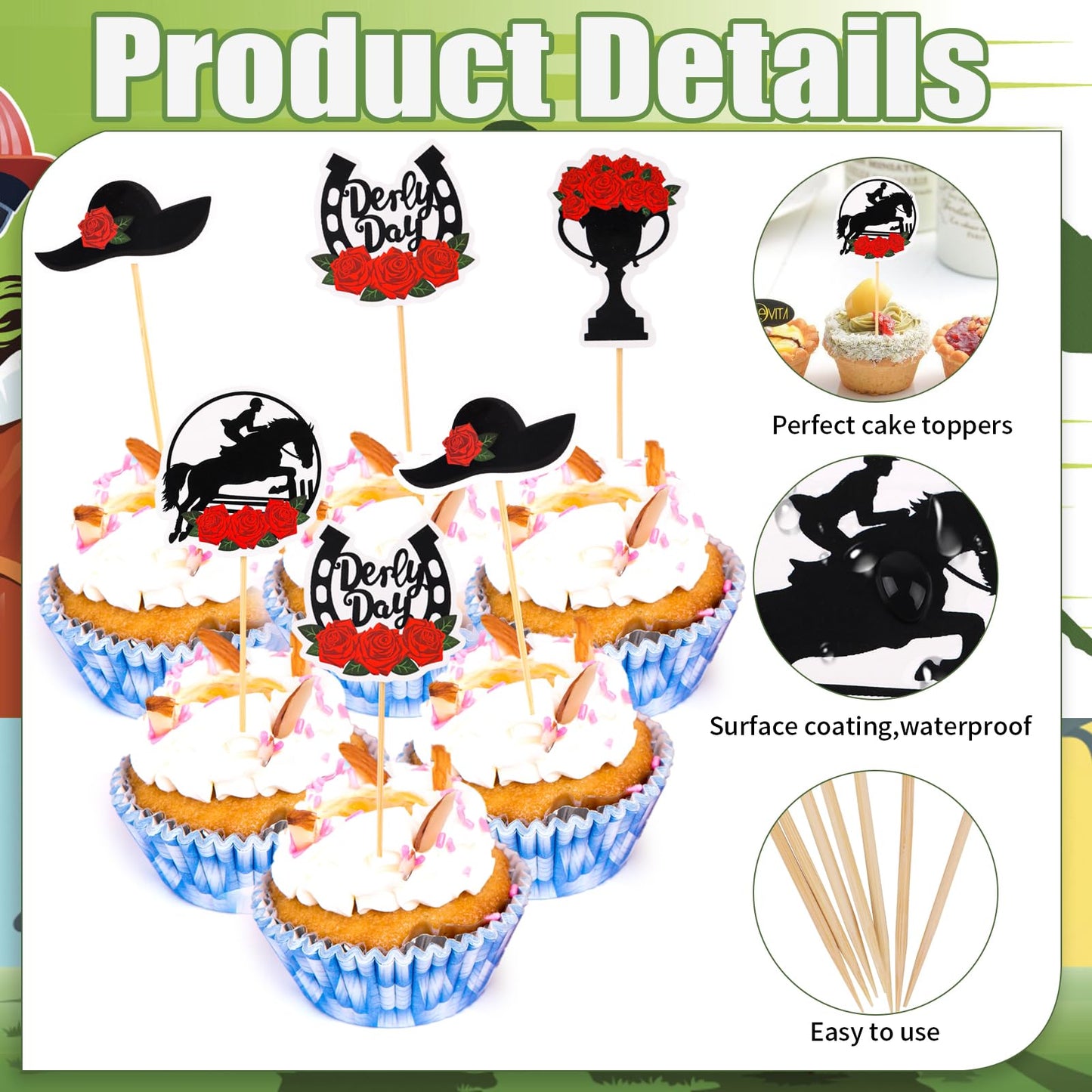 FOIMAS 60pcs Derby Party Appetizer Picks, Wood Toothpicks for Horse Race Decoration