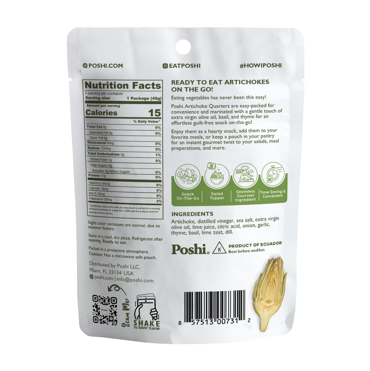 Poshi Marinated Artichoke Hearts Snack Pack | Basil + Thyme | Keto, Vegan, Paleo, Non Gmo, Low Carb + Calorie, Gluten Free, Full