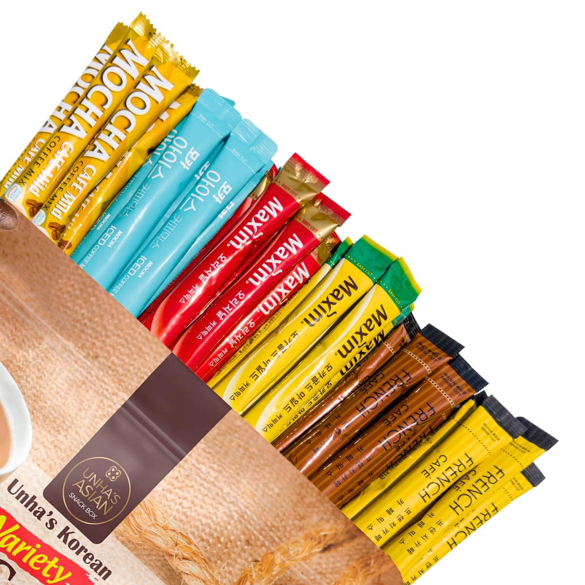 Korean Variety Coffee Sampler  30 Sticks - 6 Flavors Including Maxim Oriflavor Blendal  Mocha  French Caf?  Arabica & Iced Mocha - Instant Coffee Mix Single-Serve Gift Set (30 Pack)