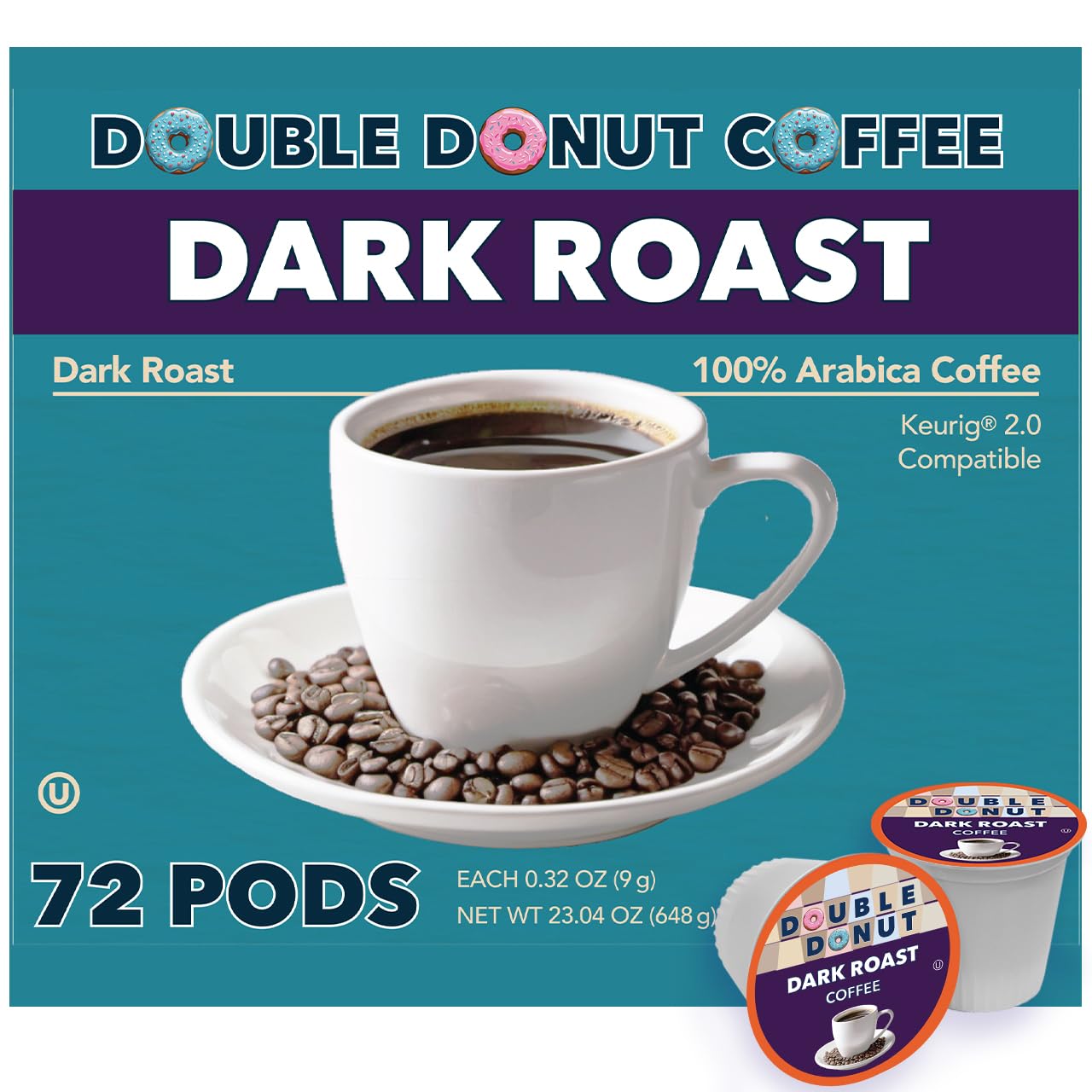 Double Donut Coffee Dark Roast Coffee Pods, Extra Bold Blend, 72 Count, Compatible with Keurig K-Cups