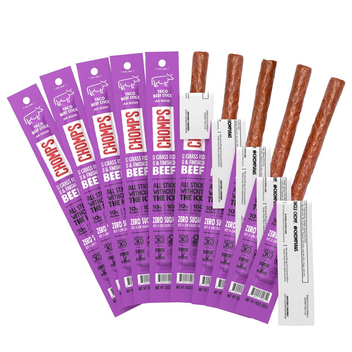 Chomps Taco Beef Jerky Snack Sticks - Grass-Fed, Keto, Gluten-Free, 10g Protein, 10-Pack, 1.15 Ounce