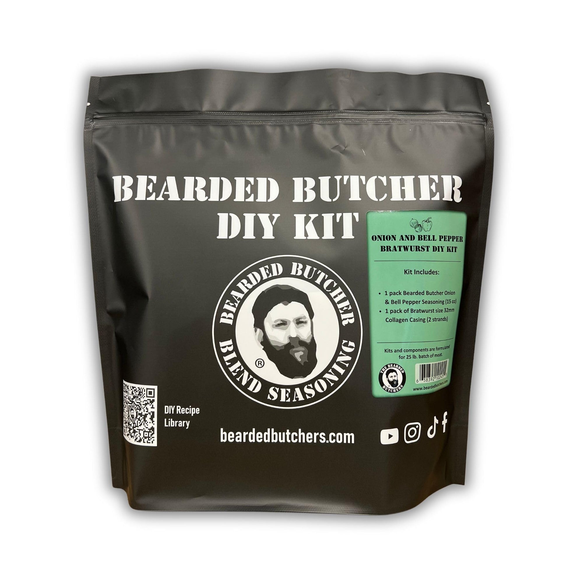 BEARDED BUTCHER BLEND SEASONING Onion & Bell Pepper Bratwurst DIY Kit – 22 oz, Includes Seasoning & Casings