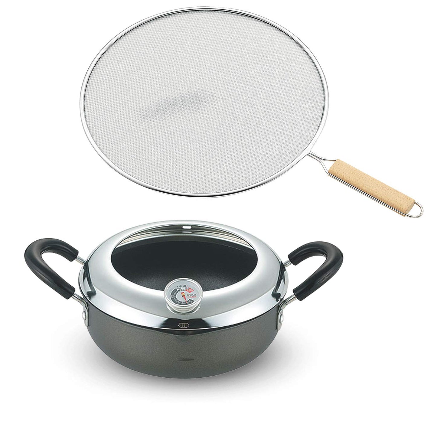 TH-077 Tempura Pot, 7.9 inches (20 cm), Induction Compatible, Rim (Enishi), Both Hands and Oil Splash Prevention Net Set