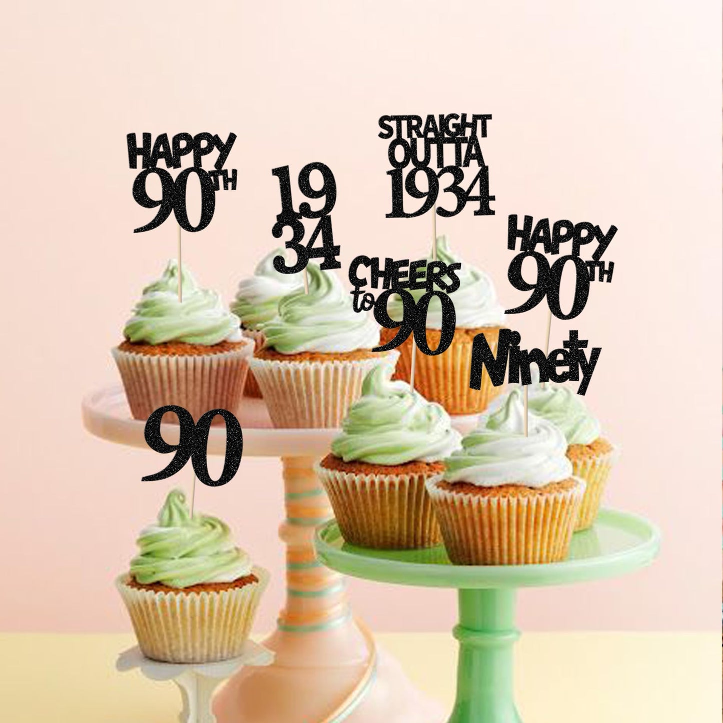 Rssta i Cupcake Toppers 24 Pack, 90th Birthday Decorations, Black Paper, Model XM236-black 90th