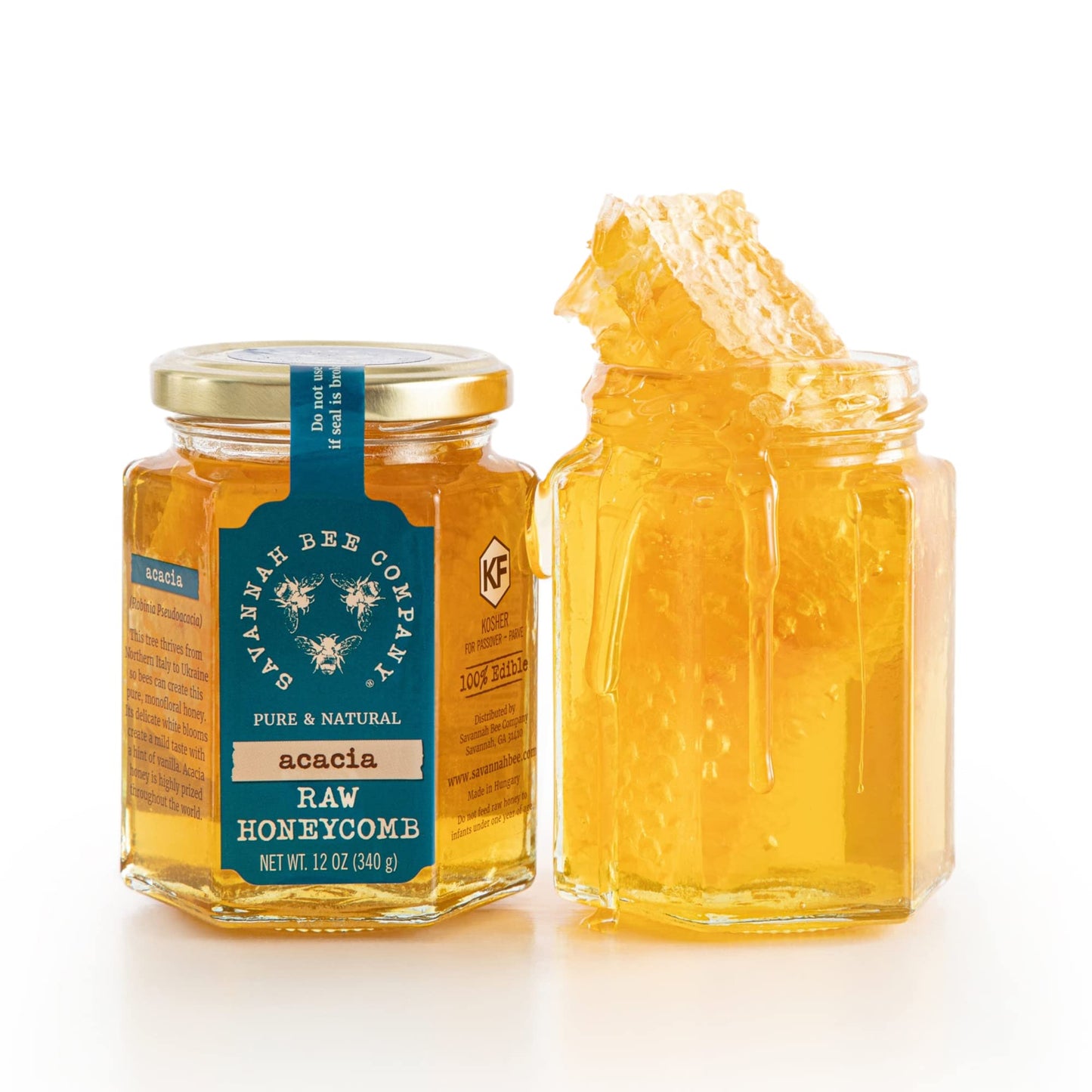 Savannah Bee Company Pure Raw Acacia Honeycomb - All Natural, Unfiltered Honeycomb (12 Ounce Hexjar)