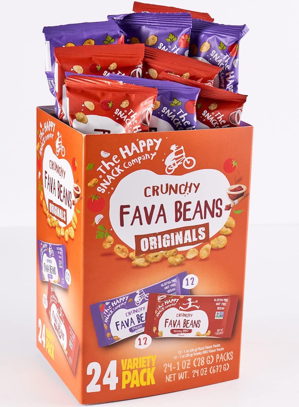 The Happy Snack Company Fava Beans Variety Pack 24 X 1 Oz (Smoky Bbq Flavor And Pizza Flavor).Gluten Free. Nut Free. Dairy Free.