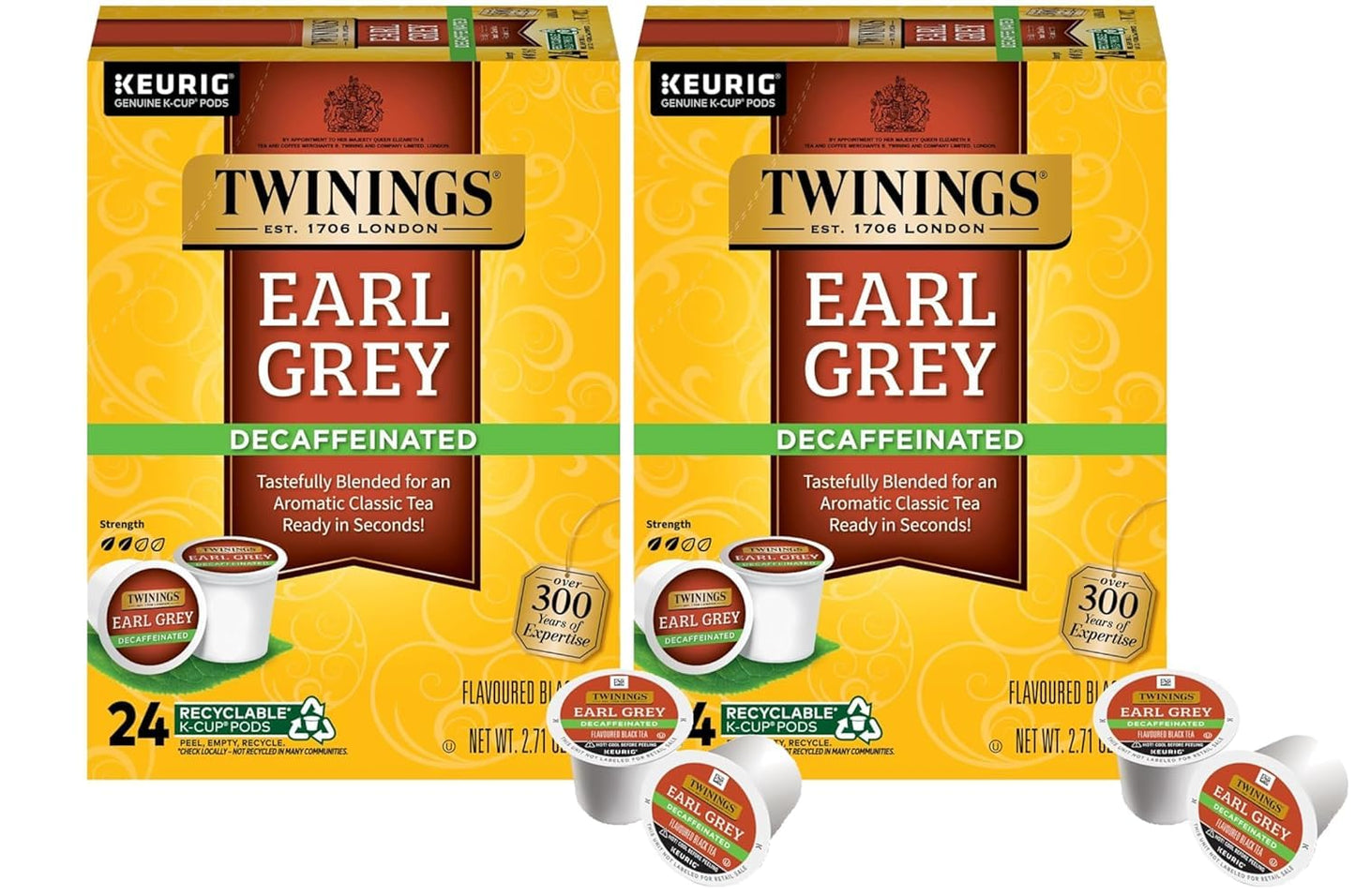 Twinings Decaf Earl Grey K-Cup Pods for Keurig, Decaffeinated Black Tea Flavoured with Citrus and Bergamot, 24 Count (Pack of 2)