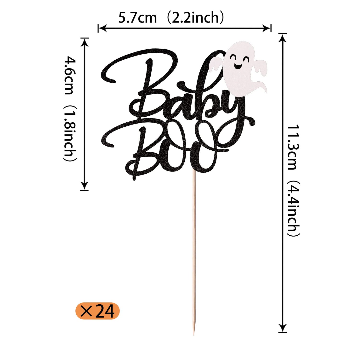 Rssta i Cupcake Toppers, 24 Pack Glitter Ghost Baby Boo Picks, 2.2x4.4 inches, Black, Model XM117-Black, Perfect for Halloween Parties