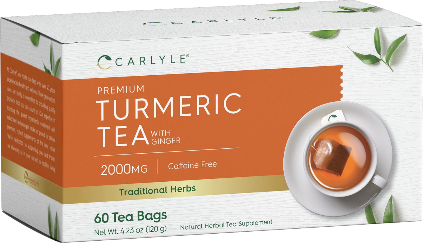 Carlyle Turmeric Tea Bags with Ginger, Caffeine Free, Non-GMO, Gluten Free, 60 Count