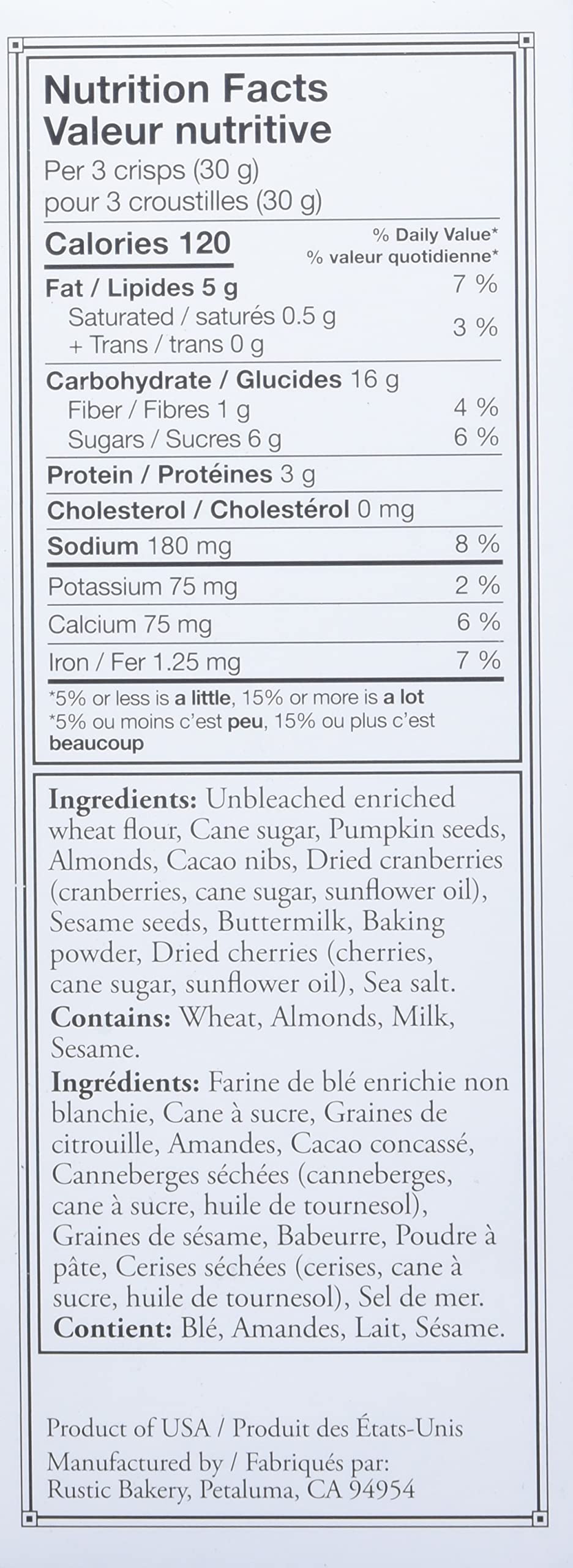 Rustic Bakery Crisps Tart Cherry Cacao Nib Almond, 5 Ounce, Pack of 1