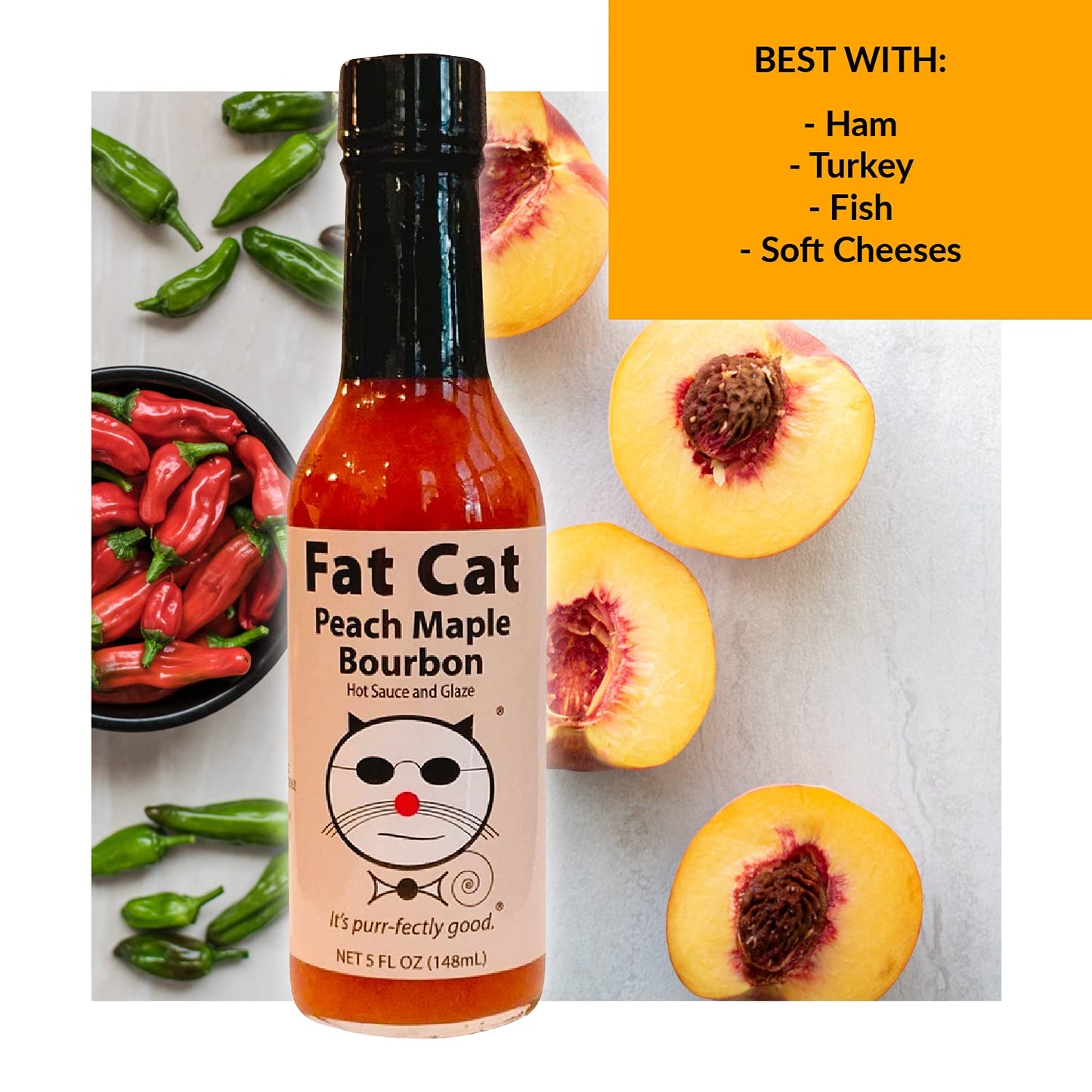 Fat Cat Gourmet Peach Maple spirit-inspired flavor Hot Sauce & Glaze, Mild Heat, Gluten Free, Vegan, Keto Friendly, 5 Fl Oz (Pack of 12)