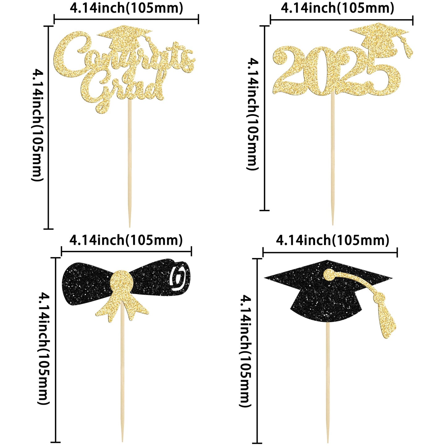 Gyufise 24Pcs 2025 Graduation Cupcake Toppers Black Glitter Congrats Grad 2025 Graduation Cap Diploma Cupcake Picks 2025 Graduat