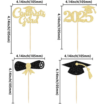 Gyufise 24Pcs 2025 Graduation Cupcake Toppers Black Glitter Congrats Grad 2025 Graduation Cap Diploma Cupcake Picks 2025 Graduat