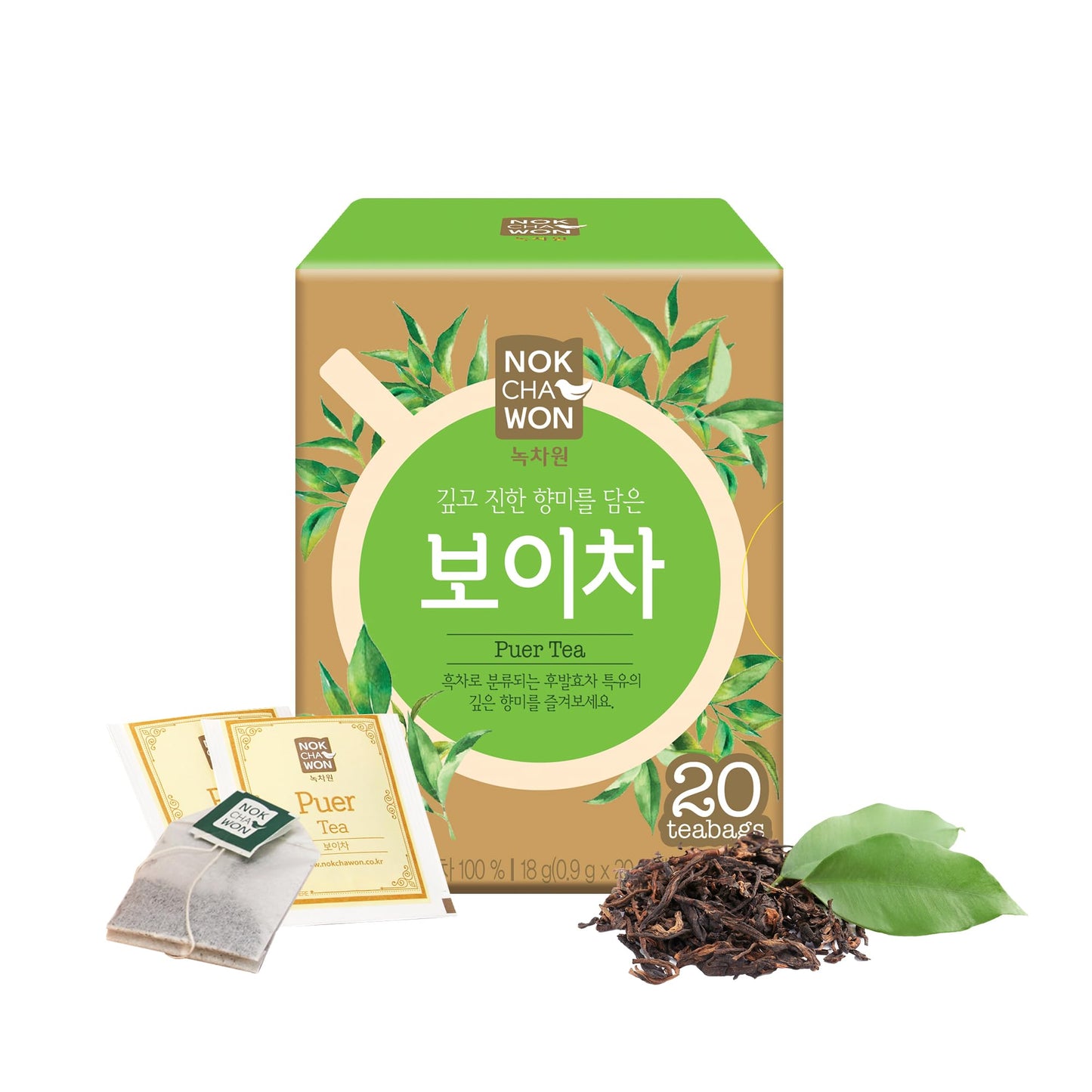 [Nokchawon] Puer Tea, Premium Dark Fermented Puerh Tea from Korea, 20 Count Tea Bags, 0.63oz(18g)