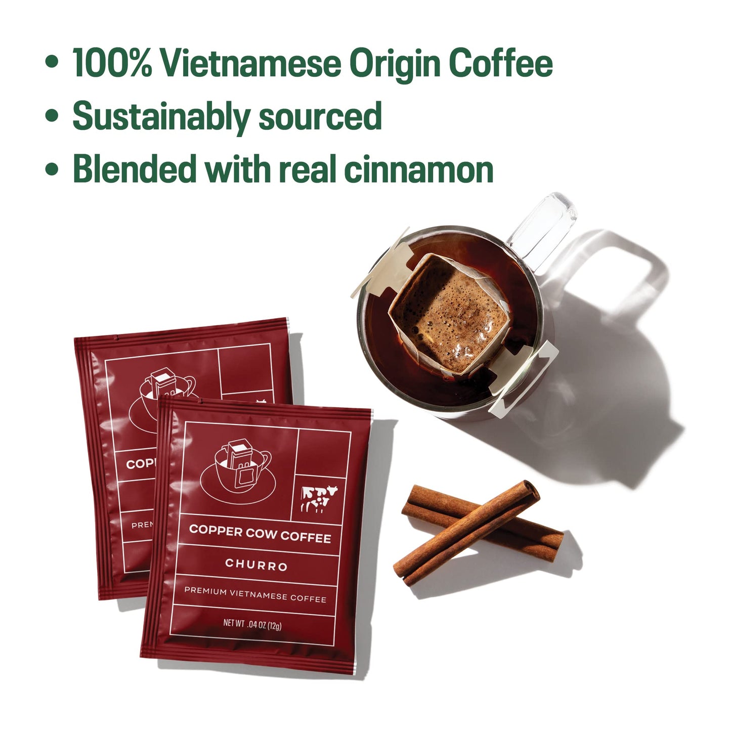 Copper Cow Coffee Vietnamese Pour Over Coffee with Sweetened Condensed Milk Creamer, 15 Pack, All-Natural, Classic, Vanilla, Churro Latte Flavors