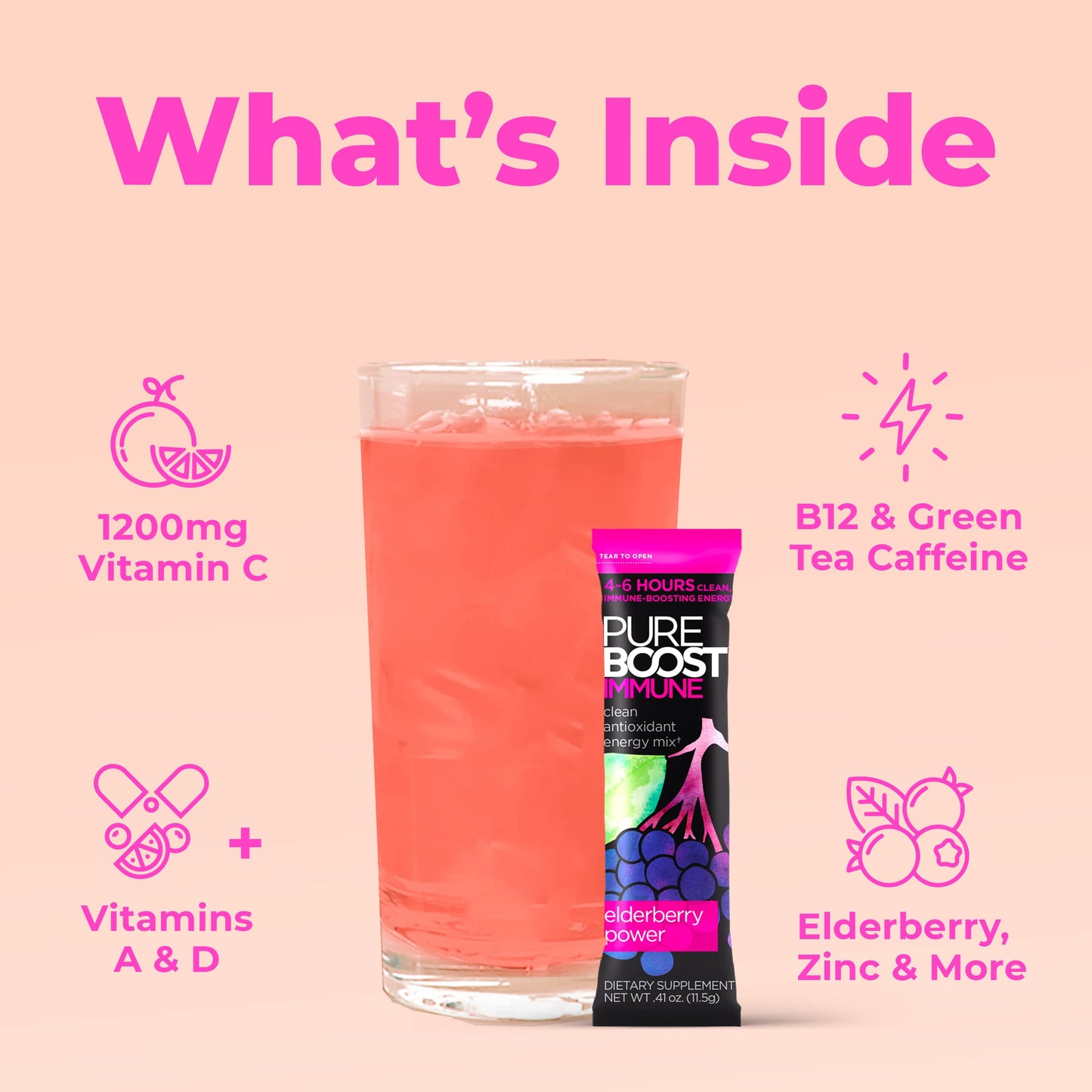 Pureboost Immune Clean Energy Booster  Refreshing Energy Drink Mix and Immunity dietary product with Elderberry  1 200 mg Vitamin C  Vitamins A + D  and Zinc. (Elderberry Power  30 Count)