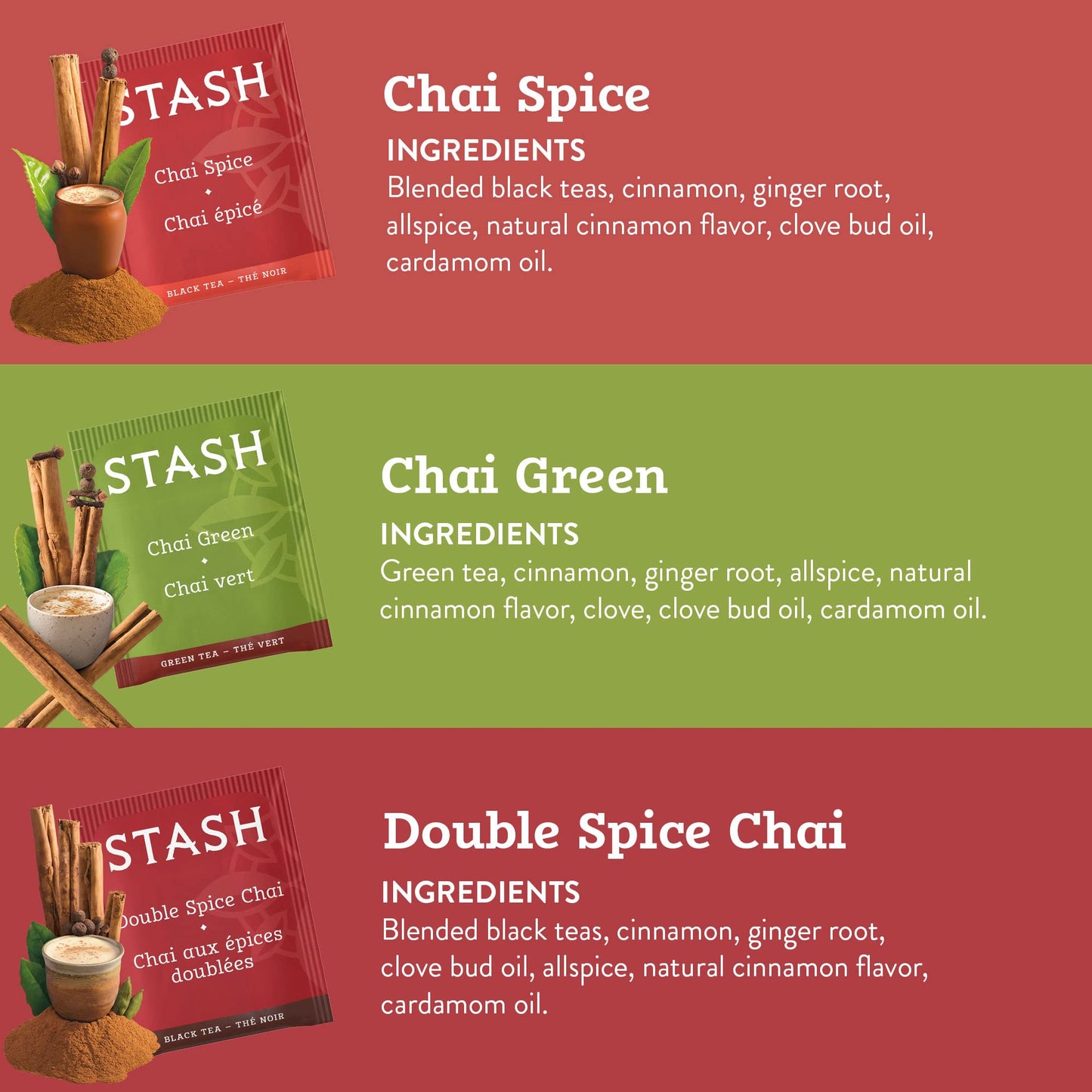Stash Chai Tea Variety Pack Sampler - Non-GMO, Caffeinated, 18-20 Count (Pack of 6)