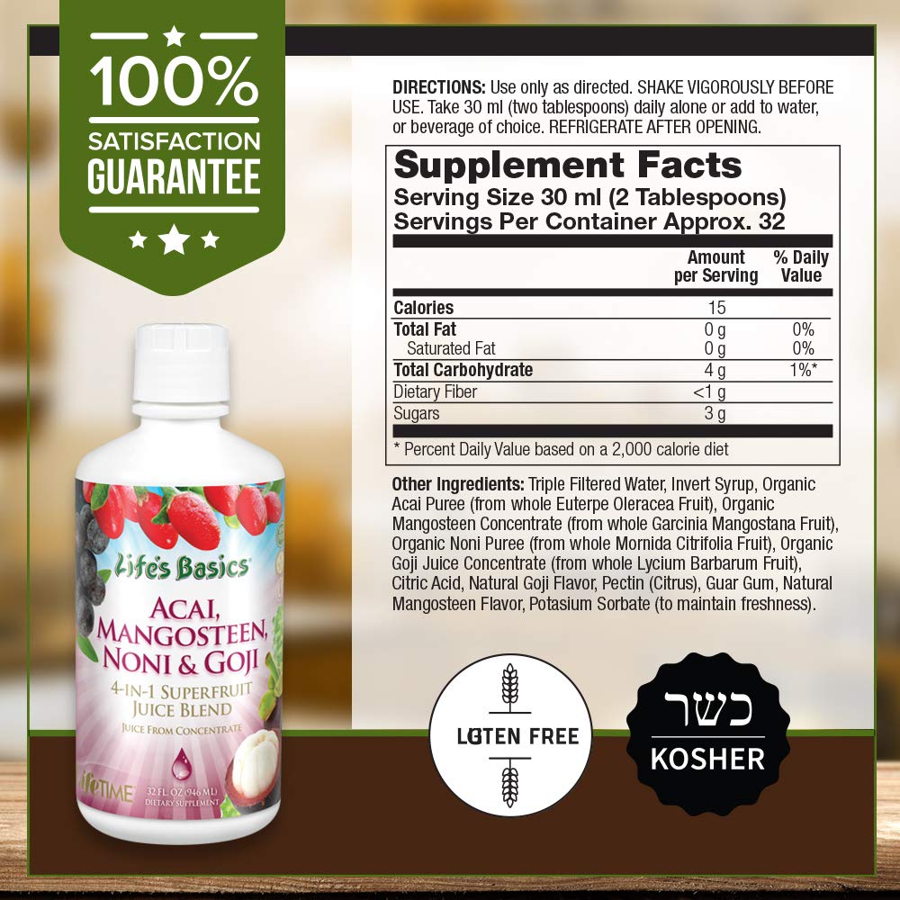 Lifetime Acai, Mangosteen, Noni & Goji Superfruit Juice Blend | Dynamic Antioxidant, No Gluten | For Healthy Circulation & Immun