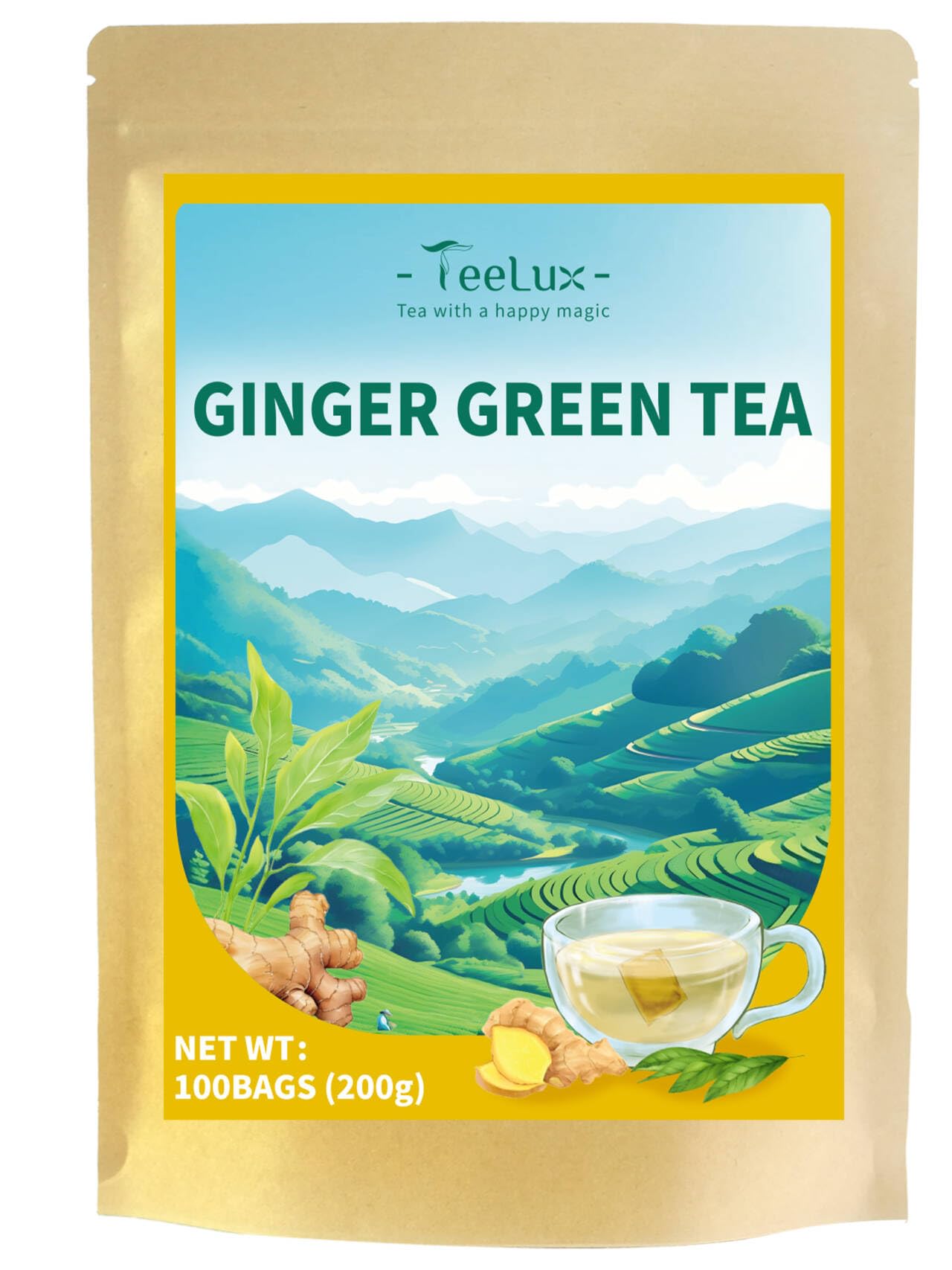 TeeLux Ginger Green Tea - Brisk Green Tea with Spicy Ginger, Low Caffeine, 100 Count
