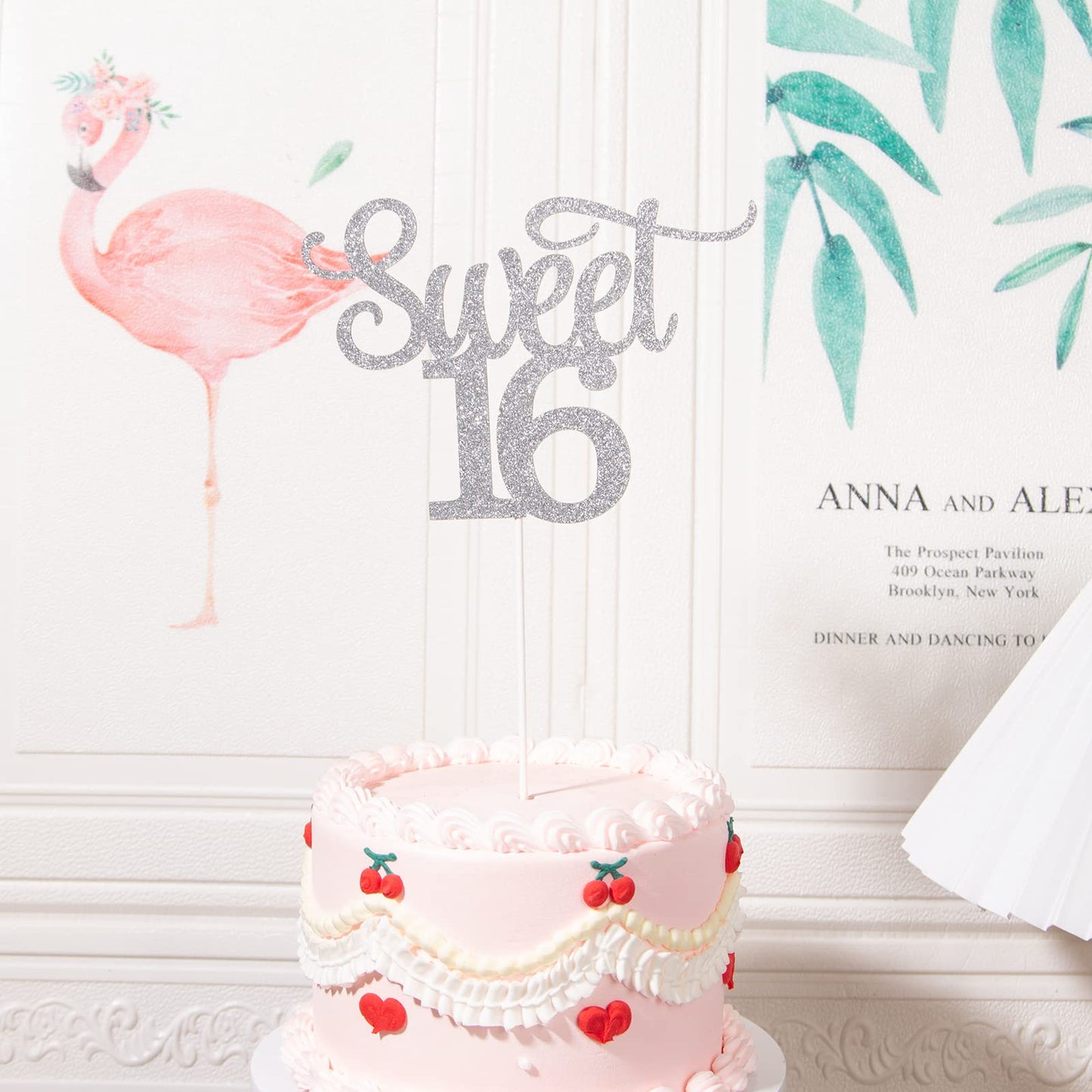 Gexolenu Silver Glitter Double-sided Happy Sweet 16 Cake Topper, Birthday Party Supplies