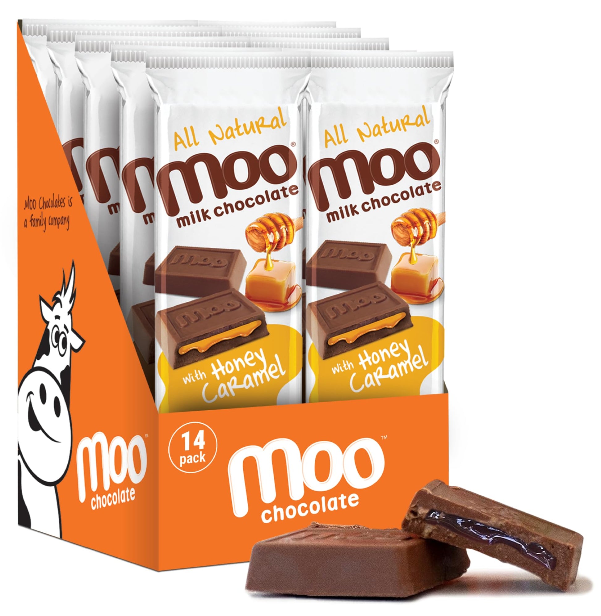 MOO CHOCOLATES Milk Chocolate Bars with Honey Caramel, 14 ct, 1.4 oz - 70 Calorie Snacks for On-the-Go and Lunchboxes