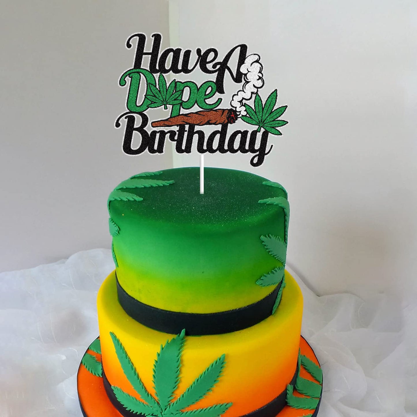 LINGBOOM Birthday Cake Topper Green Glitter Pot Leaf Decoration 9.8x15 cm Paperboard Happy Birthday