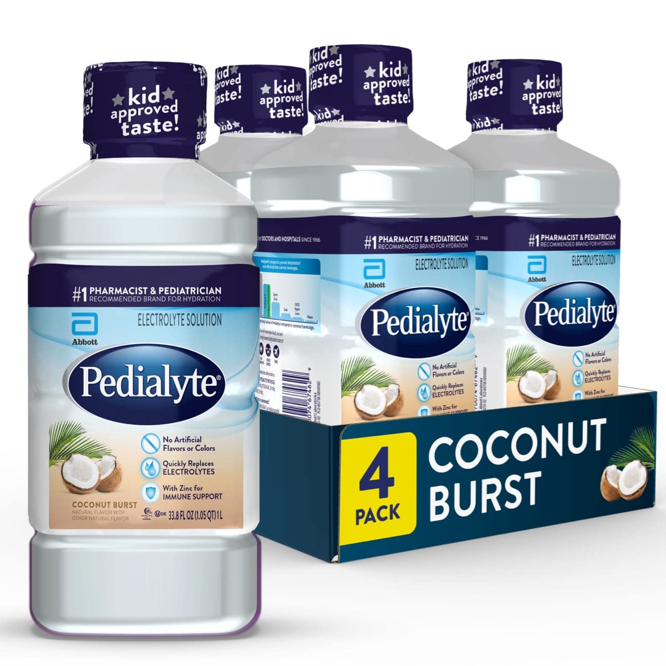 Pedialyte Electrolyte Solution, Coconut Burst, Hydration Drink, 33.8 Fl Oz (Pack Of 4)