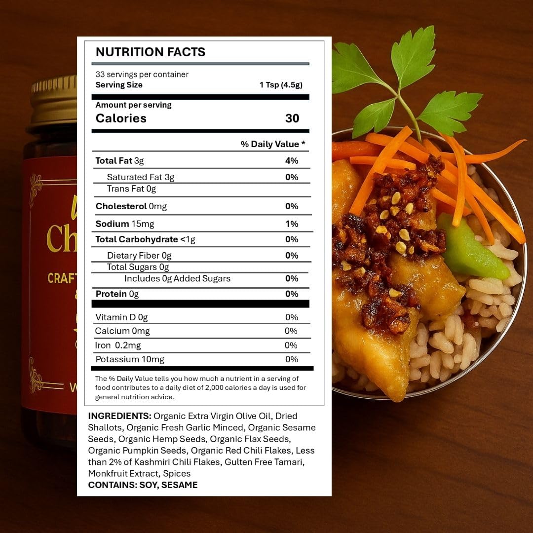 Wok n Tadka Healthy & Flavorful Chili Crunch Condiment 6oz (Crafted with Organic EVOO & Superfood Seeds) No Added Sugar, No MS