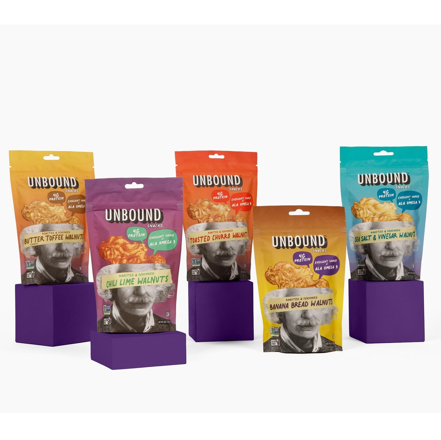 Unbound Snacks Flavored Nuts - Variety Walnuts Sampler, 4 oz (Pack of 5) - Healthy Snacks, 4g Protein, High in Omega 3, Gluten F