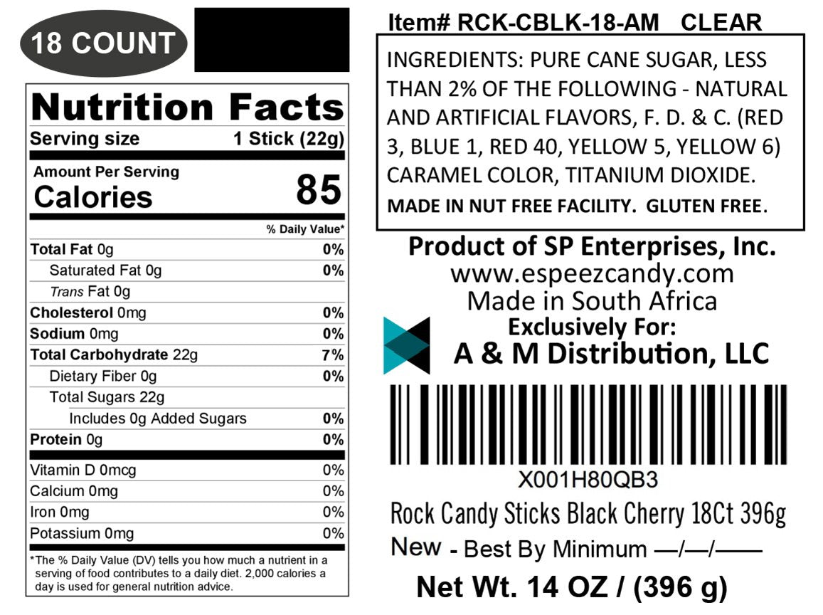 Extra Large Rock Candy Sticks: 18 Black Cherry Lollipop - Individually Wrapped Black Rock Candy Sticks - Espeez Rock Candy Stick