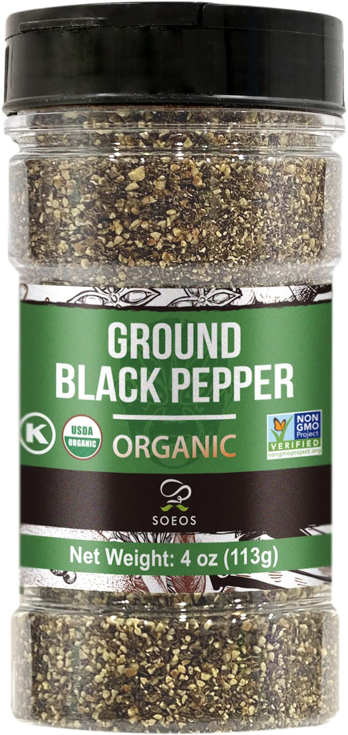 Soeos Organic Black Pepper Ground, Non-GMO, Freshly Peppercorn Powder Bulk, Packed to Keep Peppers Fresh, Ready to Use Peppercor