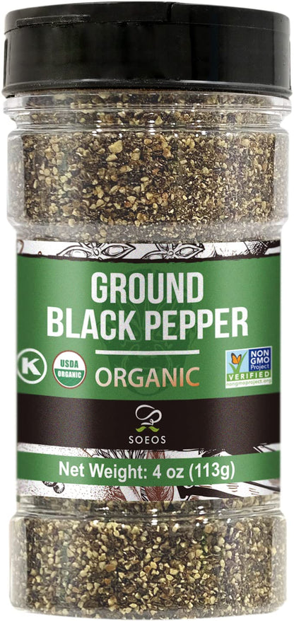 Soeos Organic Black Pepper Ground, Non-GMO, Freshly Peppercorn Powder Bulk, Packed to Keep Peppers Fresh, Ready to Use Peppercor