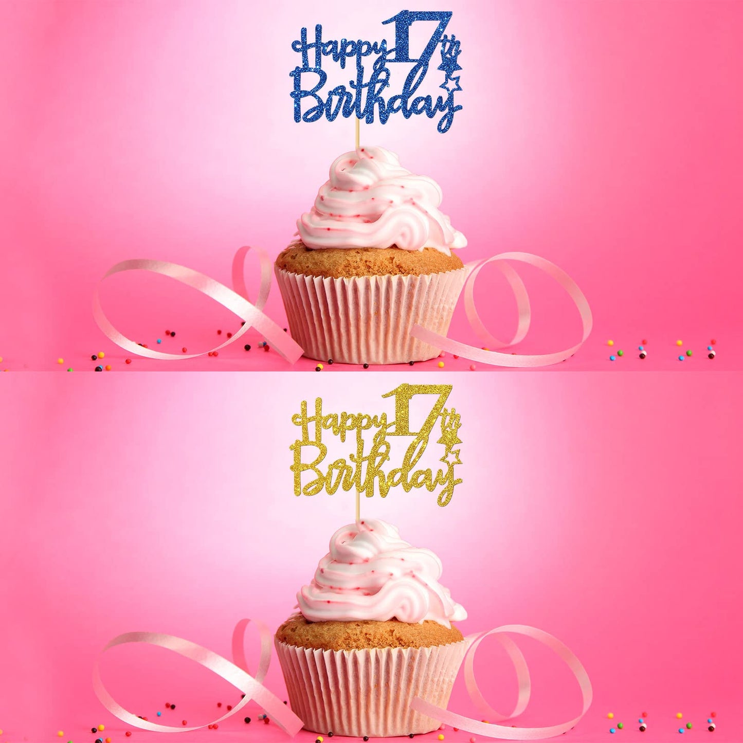 Roadsea Happy 17Th Birthday Cupcake Toppers - Girl Boy 17 Years Old Birthday Cupcake Supplies - 17Th Birthday Party Decorations