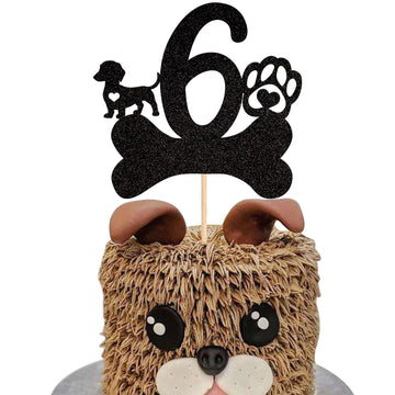 1 PCS 6th Birthday Cake Topper Black Glitter Dog Paw Six Years Old Birthday Puppy Dog Bone Cake Pick for Let's Pawty Baby Shower