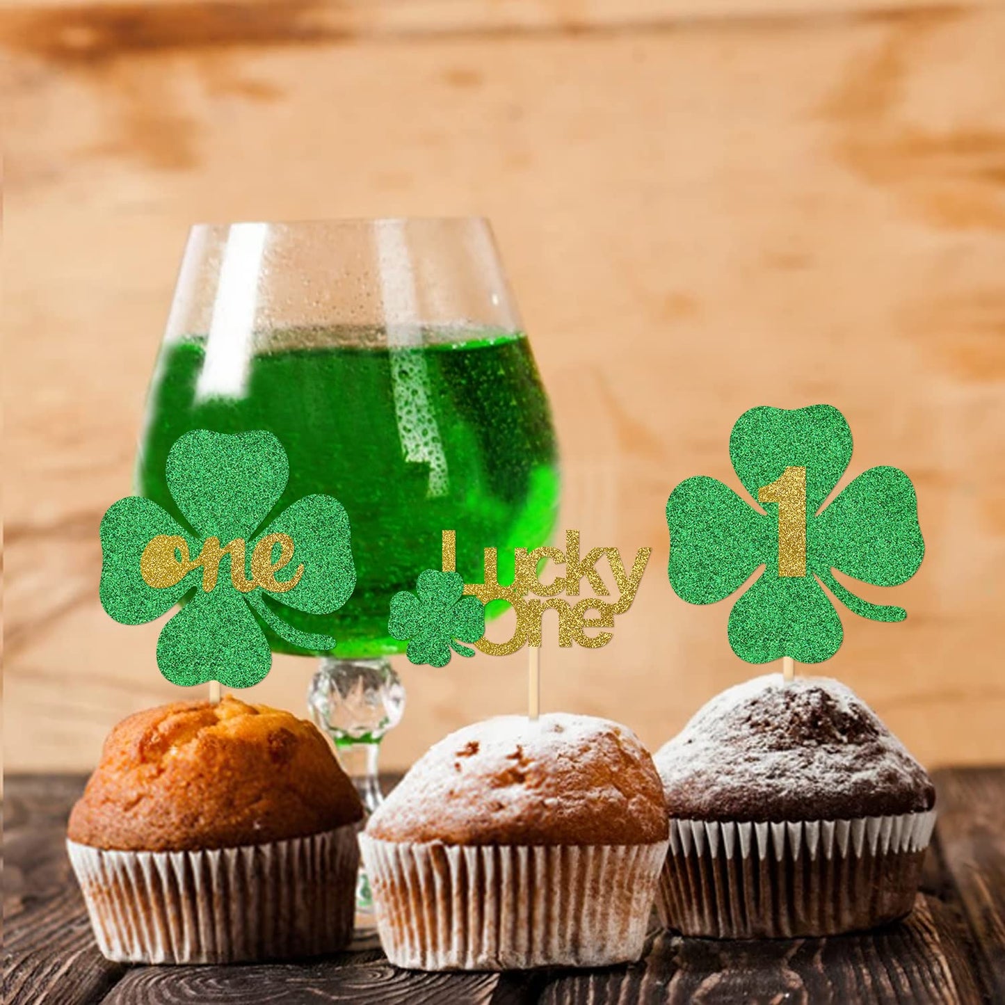 Glitter St Patricks Day Cupcake Toppers, Lucky One First Birthday 4 Leaf Clover Decorations, Shamrock Cupcake Toppers,Lucky One