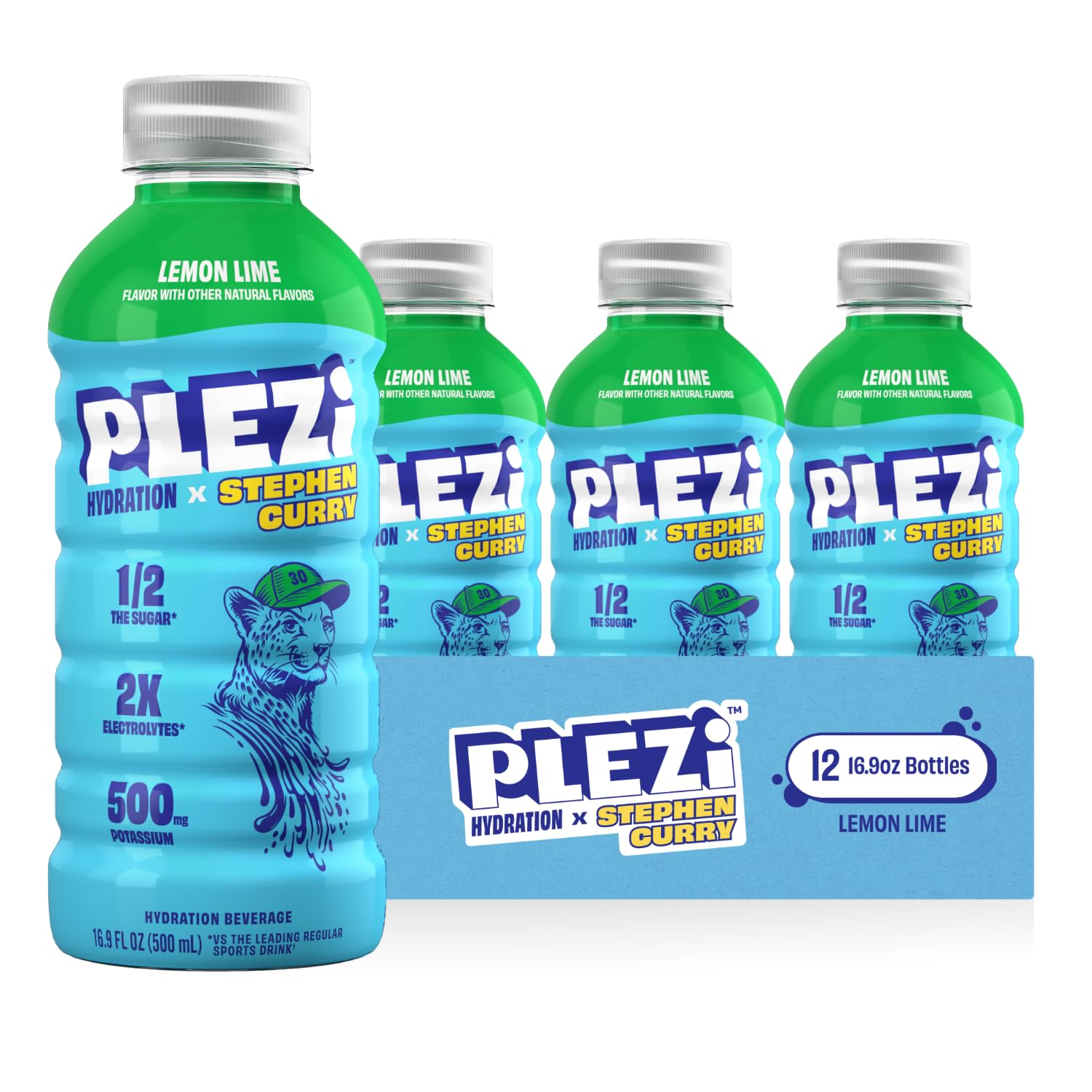 PLEZi Lemon Lime Hydration Drink x Stephen Curry - Sports Drinks with 2X the Electrolytes - 500mg Potassium, Low Sugar, No Added