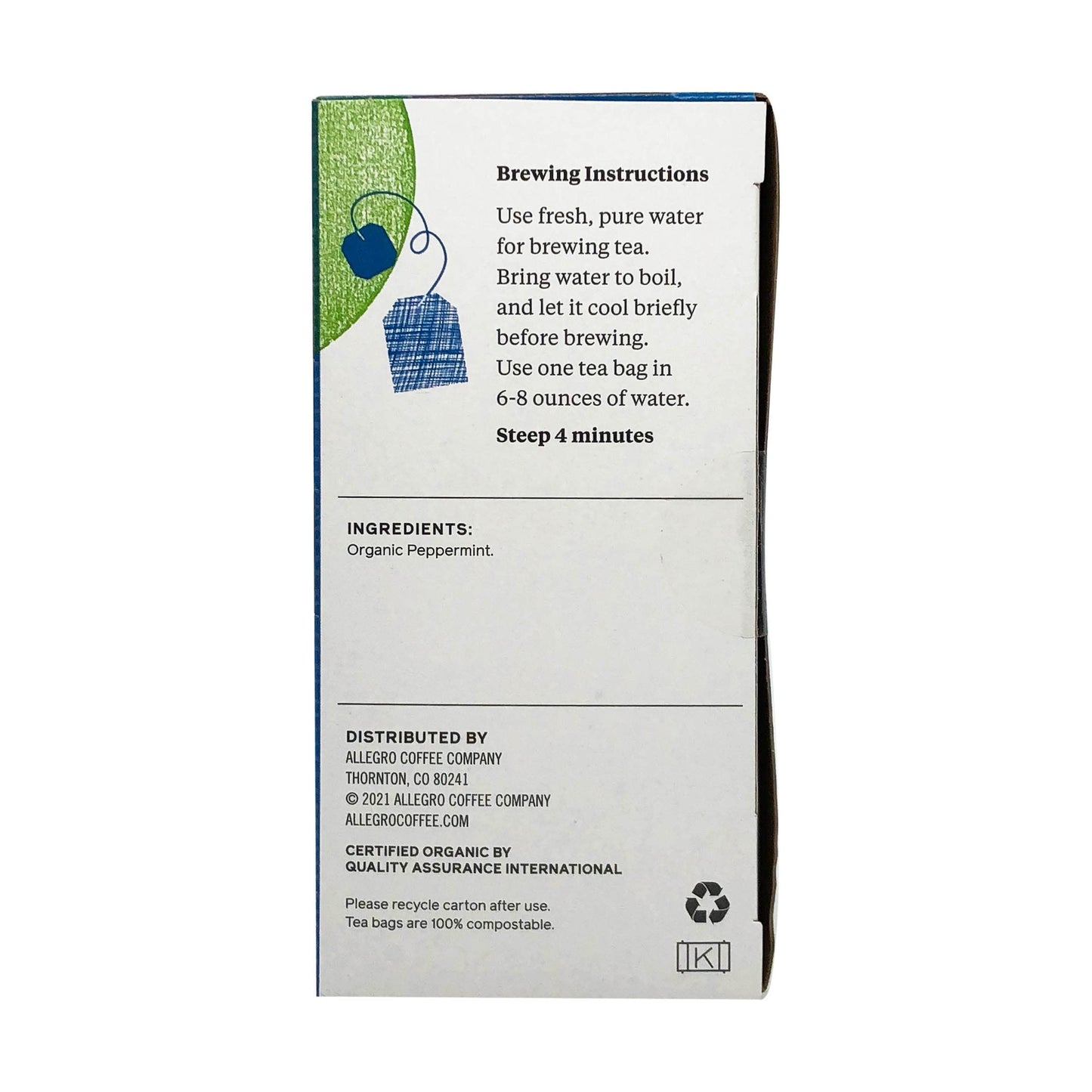 Allegro Organic Northwest Peppermint Tea Bags, 20 Count - Herbal, Caffeine-Free, Refreshing Flavor