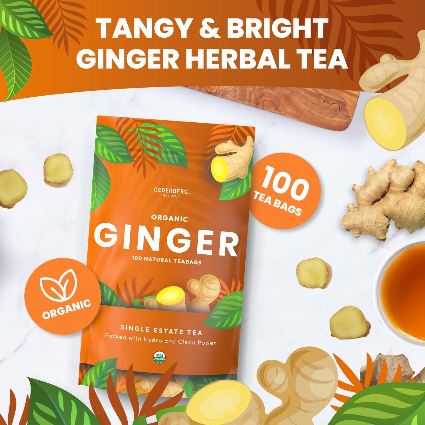 Cederberg Organic Ginger Tea - 100 Tea Bags, Eco-Friendly, Non-GMO, Caffeine Free, Zero Sugar, Herbal Tea, 1 Count