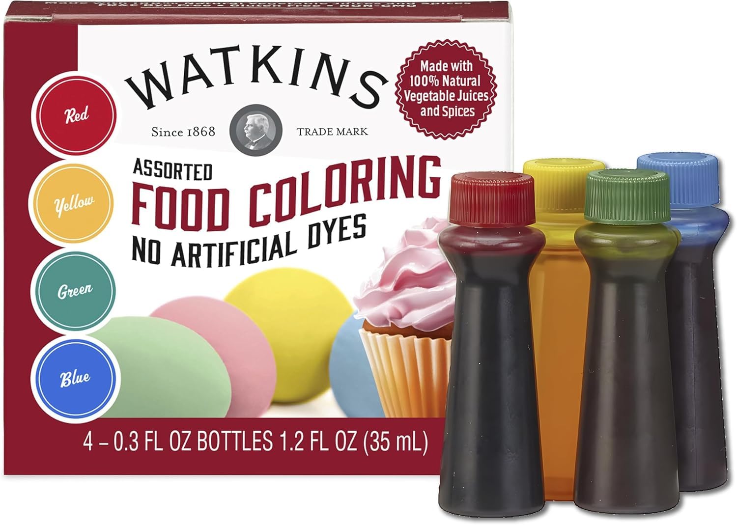 Watkins Assorted Food Coloring, 1 Each Red, Yellow, Green, Blue, Total Four 0.3 oz bottles, 4 Count (Pack of 6)