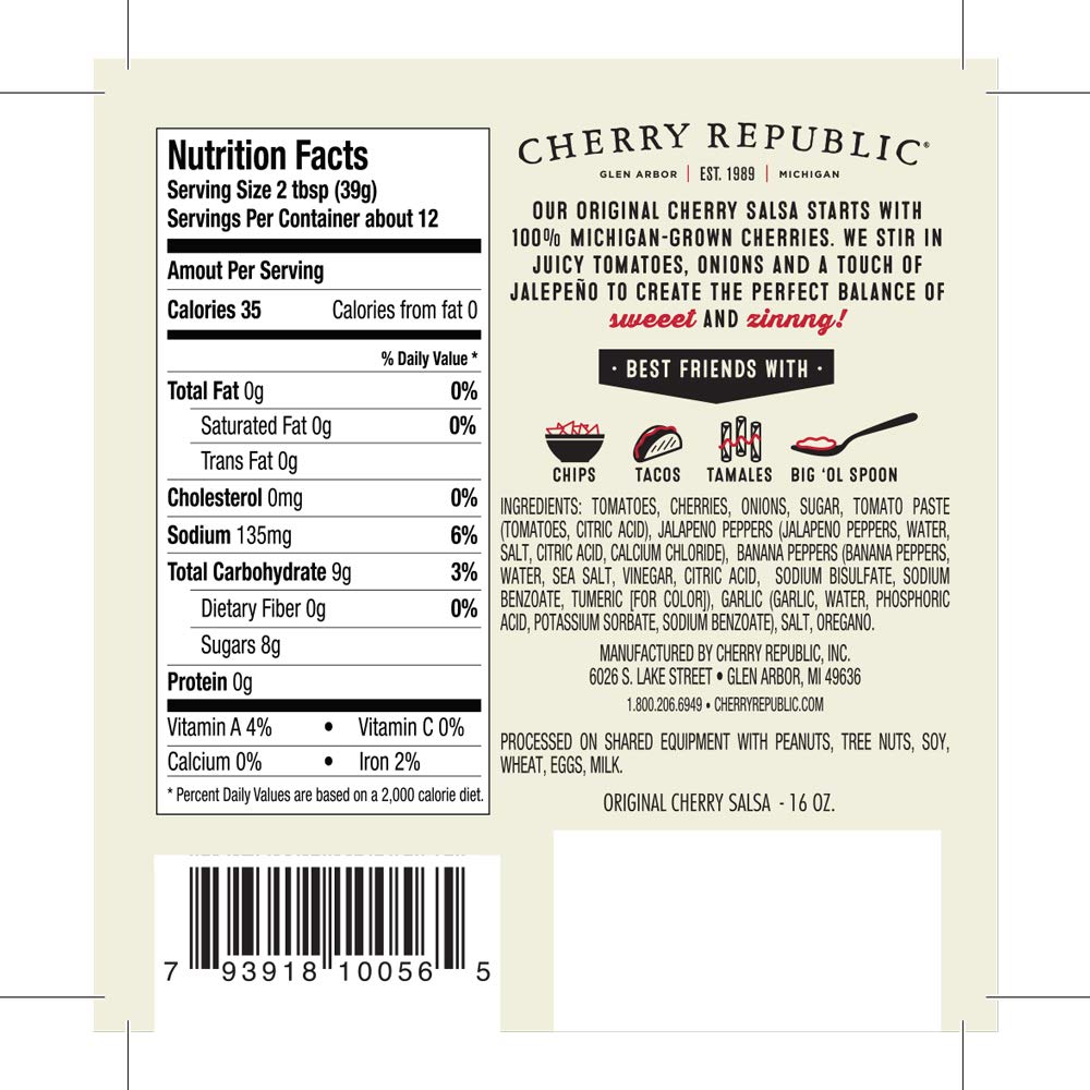 Cherry Republic Original Cherry Salsa, Medium Spice, Chunky Sweet & Spicy Sauce, 16 Oz Jar